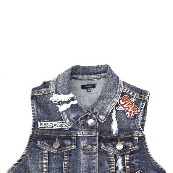 Chiqle Distressed Denim Patchwork Jean Vest S - Picture 4 of 9